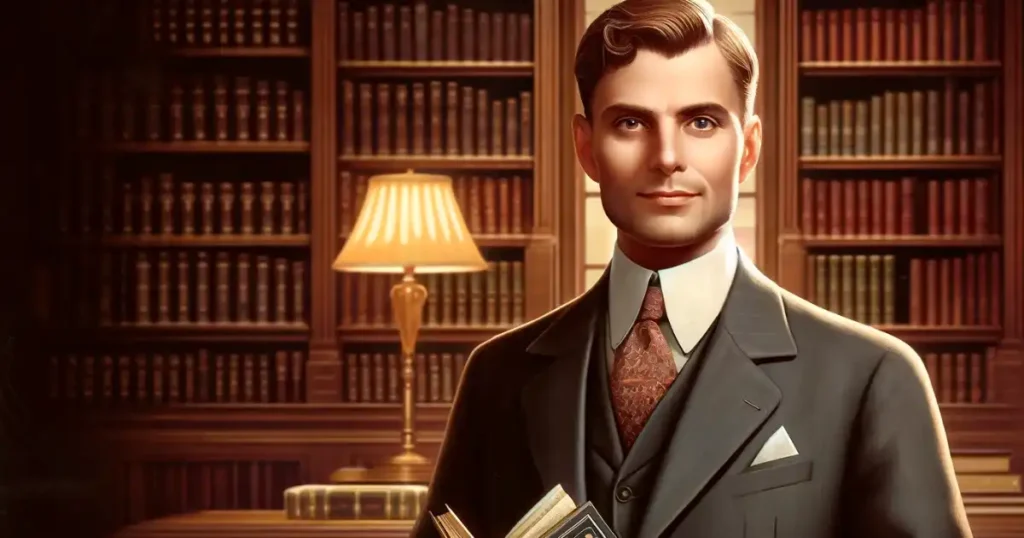 Artist rendering of Napoleon Hill in his library, for the Think and Grow Rich Challenge